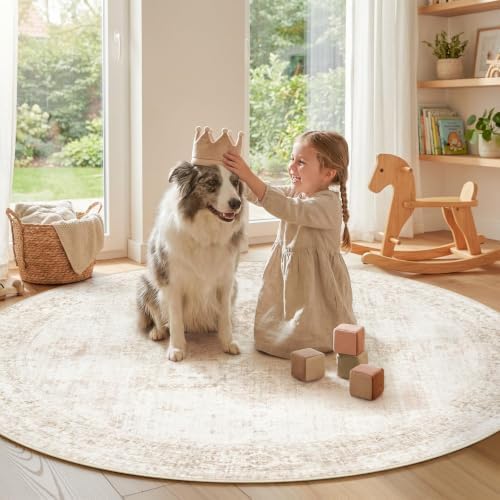 Round Rugs 6ft Washable Rug, Vintage Boho Medallion Rugs Non-Slip Soft Low Pile Circle Distressed Rug Indoor Retro Carpet for Living Room Bedroom Dining Room Home Office (Beige, 6' Round) - Image 2