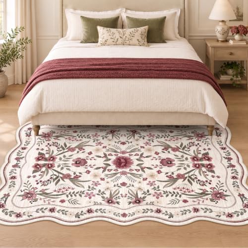 Scalloped Floral Rug 5x7, Burgundy Ivory Washable Non Slip Area Rug for Girls Bedroom, Soft Low Pile Cottagecore Carpet for Nursery, Dorm, Kids Room, or Living Room - Image 3