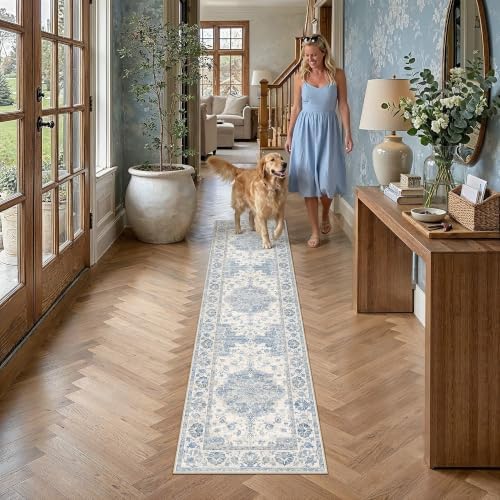 PureCozy Blue Runner Rug 2x8 Kitchen Vintage Floral Non-Slip Carpet - Image 2