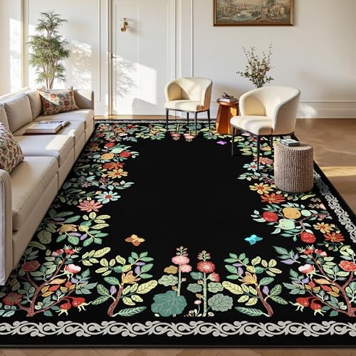 5x7 Area Rugs, Ultra-Thin Soft Rugs for Bedroom, Indoor Non-Slip Washable Rug for Living Room, Dining Room, Low Pile Home Decor Floral Rug(Black) by Yarooge