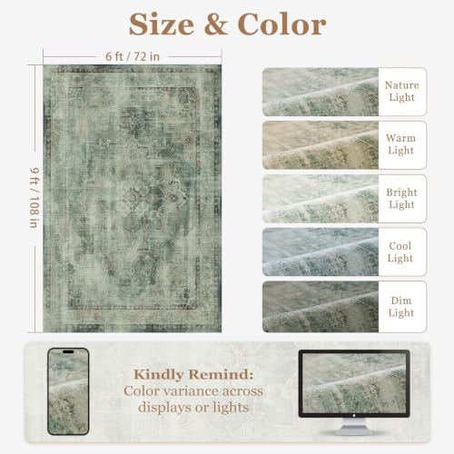 Muted Green Living Room Rug 6x9, Washable Non Slip Rug for Dining Room, Low Pile Thin Vintage Distressed Medallion Carpet Rugs for Bedrom Home Office Den, Collocated with Organic Modern Decor - Image 2