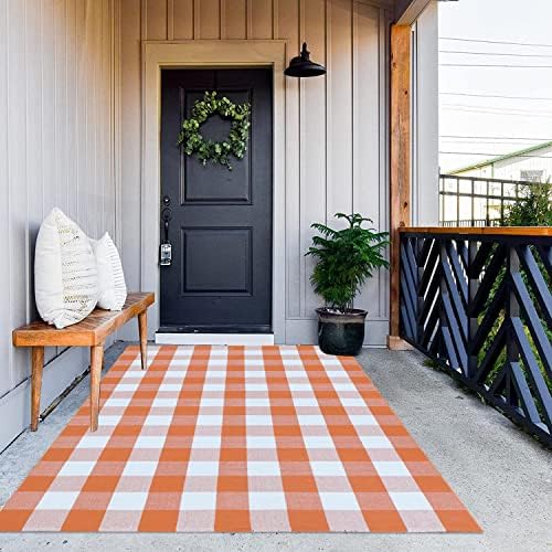 MUBIN Fall Decor Cotton Buffalo Plaid Rug, 4' x 6' Orange White Outdoor Rug Decorative Mat, Washable Large Halloween Doormat Foldable Area Rug for Outdoor Patio Indoor Living Room Dining Room Kitchen - Image 4