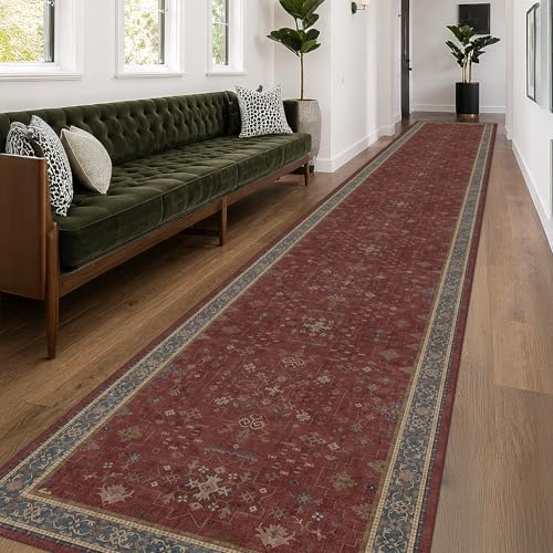 Hazo Haus Burgundy Washable 3x20 Extra Long Hallway Runner Rug, Neutral Boho Large Kitchen Floor Rug Indoor, Non-Slip Stain & Fade Resistant, Vintage Bohemian Red Floral Décor - Image 3