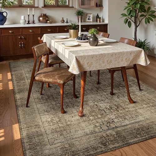 Washable Area Rug 4' x 6' Vintage Traditional Persian Mat - Foldable Distressed Non-Slip Machine Washable Carpet for Living Room Bedroom Kitchen Home Decor - Mocha and Taupe - Image 3