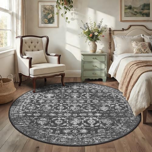 8ft Round Washable Living Room Rug Non-Slip Retro Black Throw Carpet - Image 2