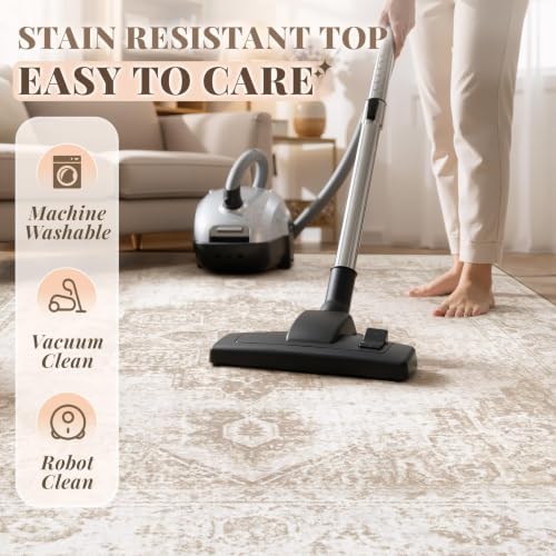 Area Rug 5x7 Vintage Rug: Washable Indoor Medallion Rugs Low Pile Distressed Floor Carpet Retro Accent Rug for Living Room Bedroom Kitchen Dining Table Home Office(Beige, 5'x7') - Image 6