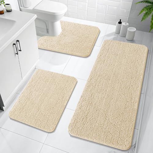 OLANLY Chenille Bathroom Rugs Sets 3 Piece, 47"x20"+24"x16"+24"x20", Beige by OLANLY