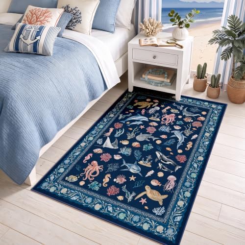 Arenarug Coastal Area Rug 3x5 Washable Ocean Beach Bedroom Rug, Deep Navy - Image 2
