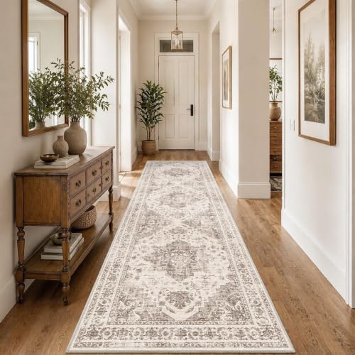 3x10 Washable Kitchen Runner Rug Soft Medallion Taupe Throw Carpet - Image 2