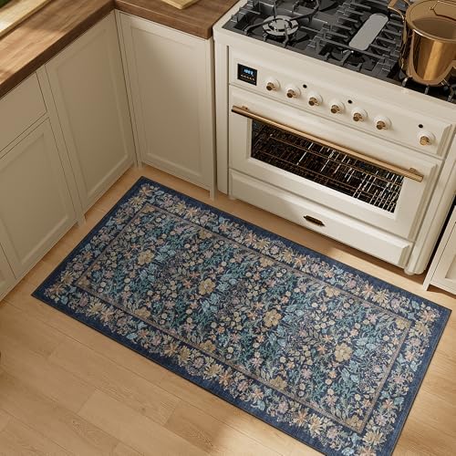 DUKINO 2x4 Rug, Washable Vintage Floral Bathroom Runner Rug, Dark Blue - Image 3