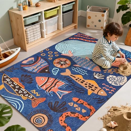 jinchan 5x7 Coastal Area Rug Kids Washable Fun Rug Colorful Ocean Fish Indoor Floor Cover Non Slip Lightweight Soft Cozy Carpet for Bedroom Nursery Playroom Daycare Living Room, Blue by JINCHAN