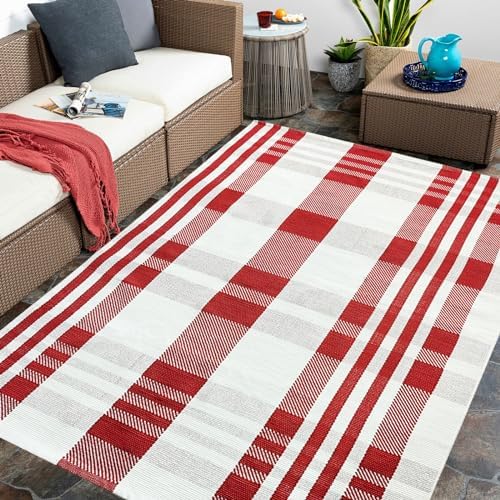 Christmas Plaid Outdoor Rug, 4' x 6' Red&White Check Indoor/Outdoor Area Rug, Layering Rug for Hello/Welcome Door Mat, Machine Washable Cotton Woven Rug for Farmhouse Front Porch, Entryway - Image 6