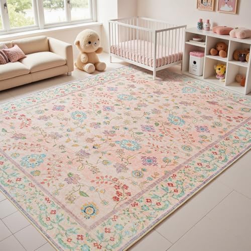 Goideal Pale Pink Rug for Girls Room, 8x10 Floral Washable Area Rug Non Slip, Boho Low Pile Carpet with Rubber Backing for Bedroom Living Room Bathroom Playroom Nursery Office by Goideal