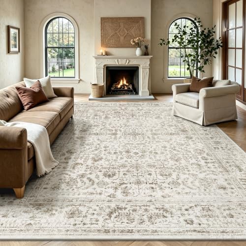8x10 Area Rugs for Living Room, Washable Vintage Retro Floral Rug, Low Pile Non Slip Distressed Large Carpet for Bedroom, Dining Room, Office, Home (Brown) by Yarooge