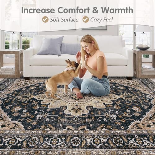 Area Rugs 9x12 Vintage Rug: Large Washable Living Room Rug Retro Medallion Distressed Soft Low Pile Non-Slip Indoor Floor Carpet for Bedroom Dining Table Office (BeigeBlack,9'x12') - Image 7