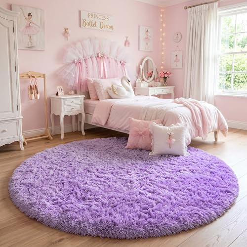 Amdrebio Purple Fluffy Round Circle Area Rug 4Ft for Girls Bedroom Dorm - Image 5