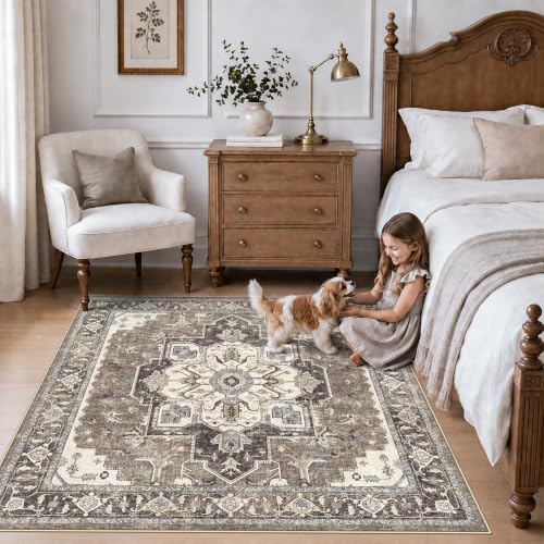 5x5 Square Rug for Living Room: Washable Vintage Non-Slip Area Rugs for Kitchen Entryway Low Pile Soft Thin Carpet for Bedroom Stain Resistant Easy-Clean Home Decor Gifts for Housewarming(Beige,5x5) - Image 3