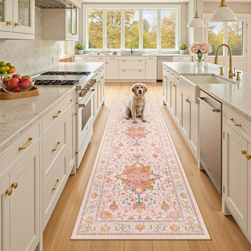 RELEANY Washable Area Rug, Runner 2'6"x8', Pink/Light Pink/Colorful by RELEANY