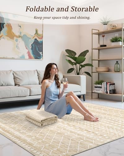 Miukiki 9x12 Area Rug for Living Room, Washable Non Slip Moroccan Rug Beige - Image 5