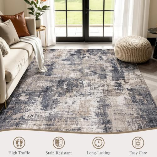 Sasttie 6x9 Washable Area Rug, Modern Abstract Carpet, Black & Beige - Image 2