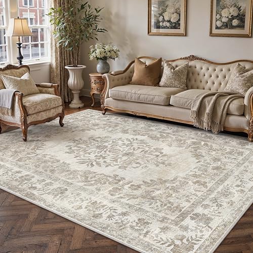 PureCozy 5x8 Washable Area Rug Living Room Cream Beige Vintage Carpet by PureCozy