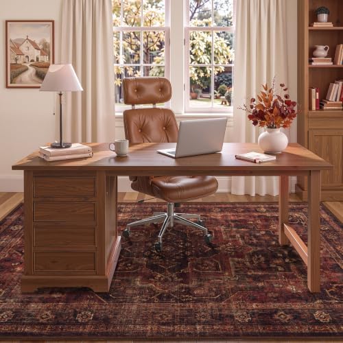 Washable Area Rug 4'x5' Living Room, Vintage Medallion, Dark Red - Image 3