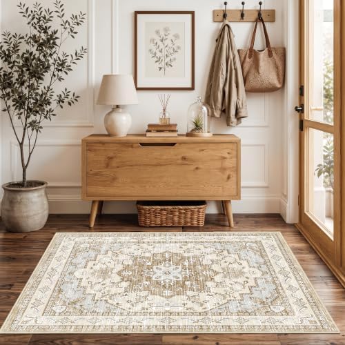 Area Rugs 3x5 Washable Non-Slip Boho Indoor Carpets, Beige Tan