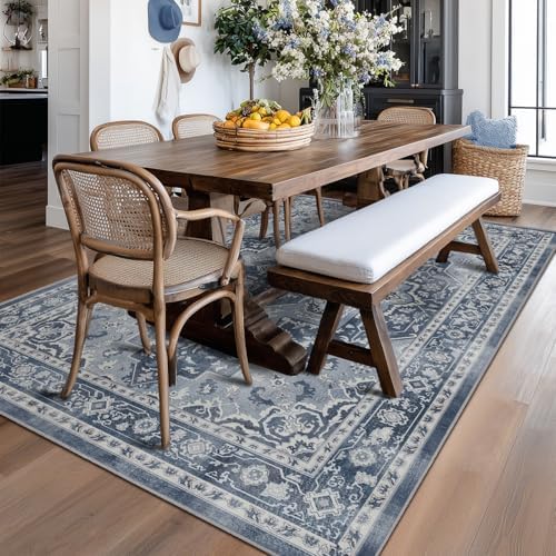 Blue Gray Living Room Rug 6x9, Washable Non Slip Transitional Medallion Rug for Dining Room Under Table, Modern Vintage Distressed Low Pile Thin Carpet Rugs for Den Bedrom Home Office - Image 3