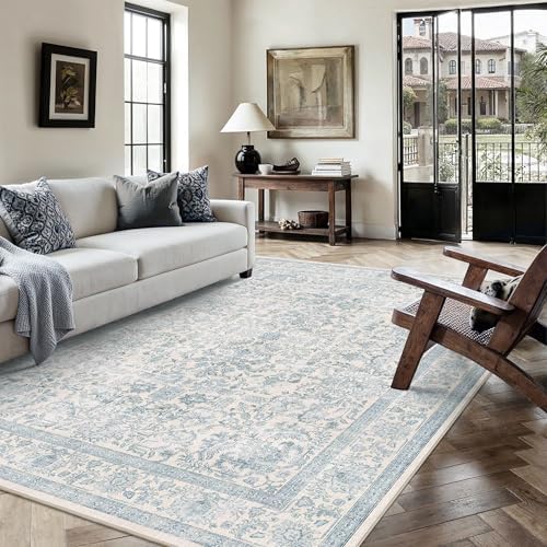 5x7 Washable Bedroom Area Rug Non-Slip Vintage Blue Throw Carpet - Image 5