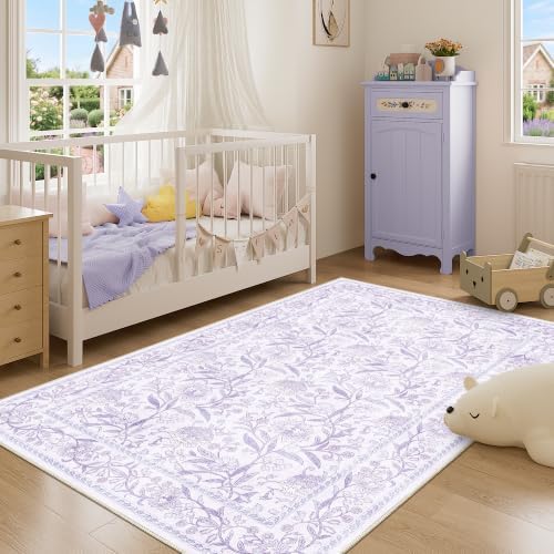 DUKINO 4x6 Area Rug, Washable Vintage Floral Rug for Living Room, Purple - Image 3