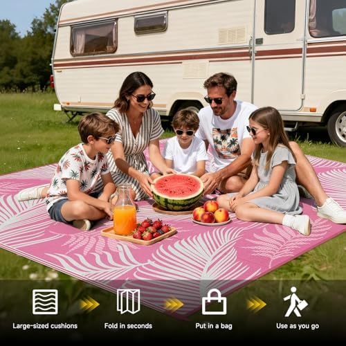 Pauwer Waterproof Outdoor Rug 8x10, Plastic Straw Patio Rug, Leaf Pink - Image 6