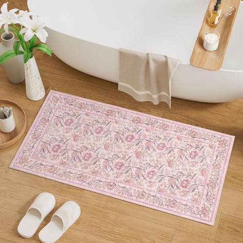 DUKINO 2x4 Rug, Washable Vintage Floral Entryway Rug Non Slip, Pink - Image 3