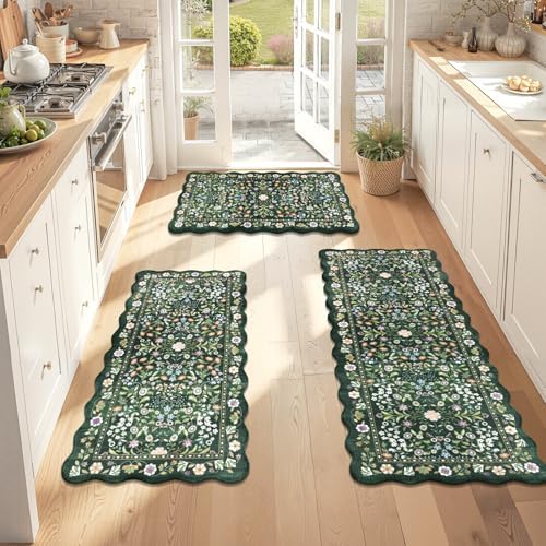 Yamaziot Boho Anti Fatigue Kitchen Rug Set of 3 Scalloped Non-Slip, Green by Yamaziot