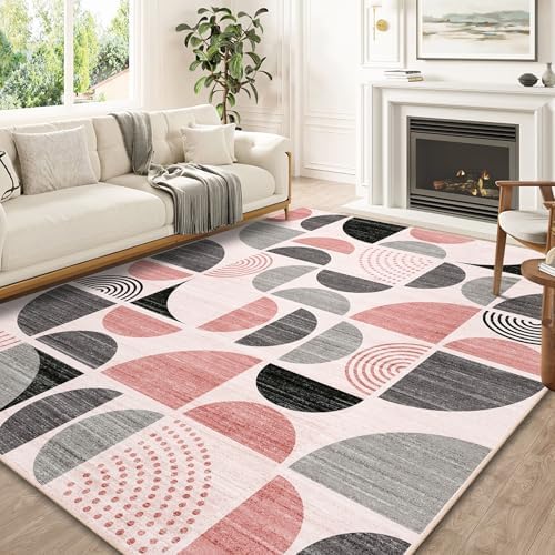 MUJOO Pink Washable Rugs 8x10,Boho Area Rugs Non Slip Modern Abstract by MUJOO