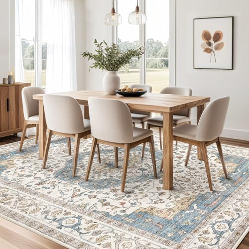 Area Rug for Living Room - 10x12 Soft Washable Oriental Vintage Floral Distressed Large Carpet - Fade Stain Resistant Non Slip Rugs for Bedroom Dining Room Nursery Dorm Office Home Decor - Blue/Beige - Image 7