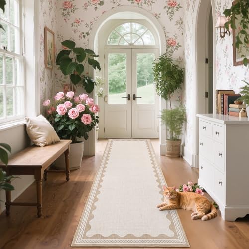 GarveeHome Scalloped Beige 2.5x8 Runner Rug for Hallway Washable Kitchen Rugs Non Slip Solid Modern Minimalism Soft Low-Pile Scalloped Indoor Carpet for Entryway Laundry Room Floor Mats - Image 2