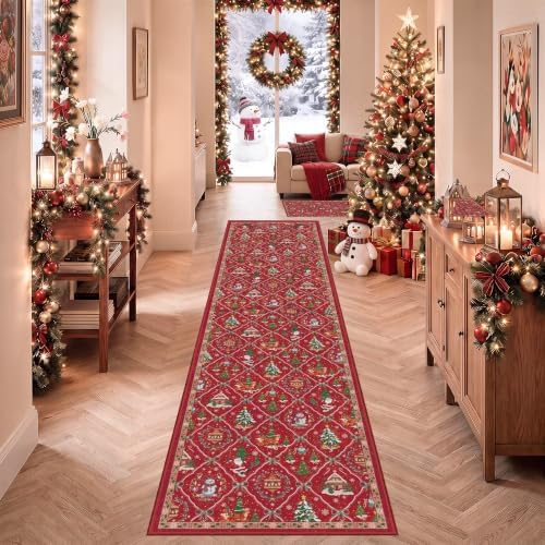 2x10 Christmas Runner Rug, Non-Slip Red Xmas Holiday Decor Hallway Runner Rug, Washable Soft Long Christmas Floor Carpet for Hallway, Entryway, Living Room, Bedroom, Laundry Room - Image 4