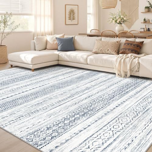 Nakagishi 6x9 Area Rugs Living Room: Washable Boho Large Neutral Soft Farmhouse Rug Stain Resistant Modern Indoor Floor Non-Slip Carpet for Bedroom Nursery Playroom Office Dining Room Dorm-White Blue by NakagishiAreaRug