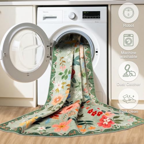 PLHXFR Area Rug Living Room: 5x7 Floral Washable Boho Soft Carpet Green - Image 5