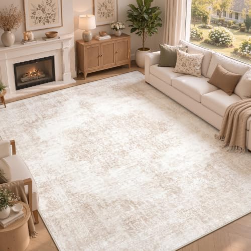 Area Rugs 8x10 Vintage Rug: Large Washable Living Room Rug Retro Medallion Distressed Rugs Soft Low Pile Non-Slip Indoor Floor Carpet for Bedroom Kitchen Nursery Dining Table Office (Beige/Brown) - Image 3