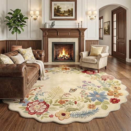 FMFUNCTEX 5ft Round Washable Beige Boho Scalloped Area Rug for Living Room by Fmfunctex