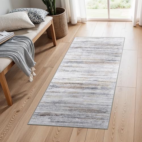 2x4 Washable Entryway Runner Rugs: Easy-to-Clean Runners for Hallway Bedroom - Stain and Water Resistant Rug with Non-Slip Backing - Soft Low-Pile Door Mat Kitchen Carpet Beige Grey by WIEVEDENS