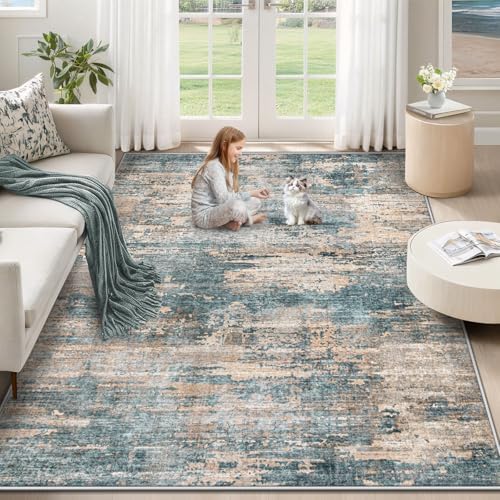 XLUEZ 5x7 Area Rugs for Living Room, Washable Modern Abstract Large Area Rug Neutral Soft Non Slip Kids Rug Stain Resistant Indoor Carpet for Bedroom Nursery Dining Room Playroom(GreenBrown, 5'x7') by XLUEZ