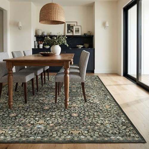 Black Floral Living Room Rug 5x7 Area Rug - Vintage Forest Washable Rug for Dining Room, Bedroom, Ultra Soft Low Pile Non Slip Stain Resistance Distressed Boho Farmhouse Flower Carpet - Image 3