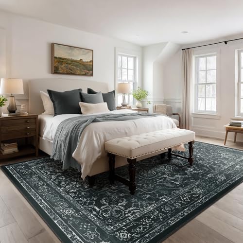 Black Vintage Distressed 8x10 Area Rugs for Living Room, Washable Non Slip Bedroom Rugs Under Bed Faux Wool Soft, Dark Medallion Pinted Thin Carpet for Dining Room Home Office - Image 3