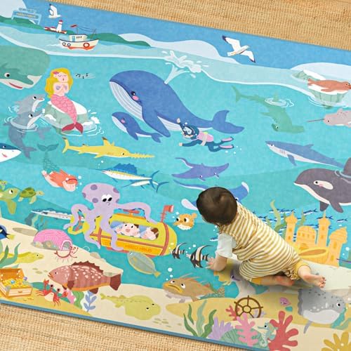 Blue Ocean Themed Rug for Kids Room – 5x8 Underwater Area Rug with Sea Creatures & Mermaid, Washable Non Slip Crawling Carpet for Bedroom or Playroom by HazoHaus