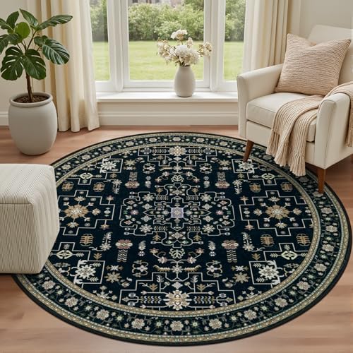Round Area Rug for Living Room: 8ft Washable Rug for Bedroom Black - Image 2