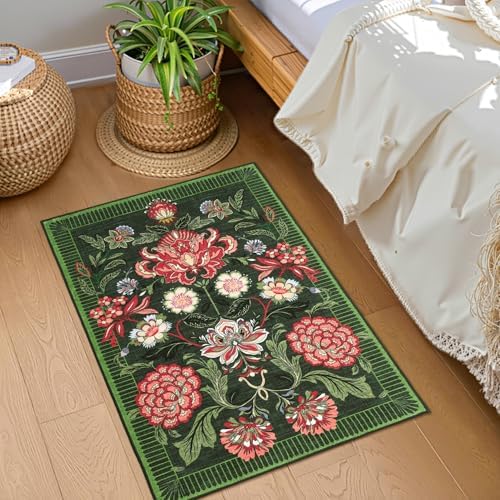 GarveeHome Forest Green Floral 2x3 Door Mat Indoor Rugs for Entryway Small Vintage Boho Cottage Washable Non-Slip Low-Pile Rug for Bedroom Kitchen Bathroom Entrance - Image 2