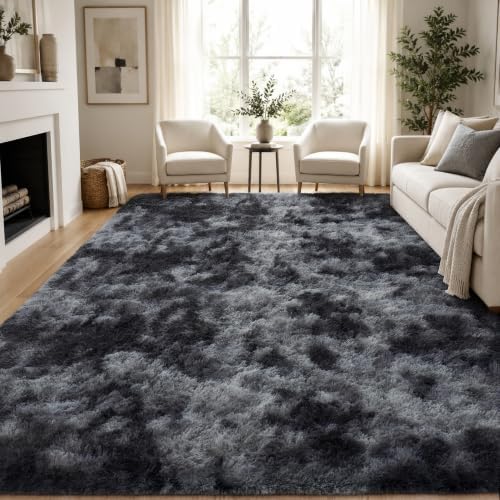 PLHXFR 9x12 Area Rugs Living Room: Fluffy Bedroom Soft Shag Rug Black Grey by PLHXFRSoftAreaRugs