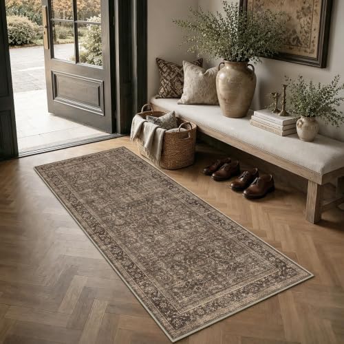 JOOJA 2x5 Brown Vintage Floral Low Pile Non Slip Washable Boho Runner Rug by JOOJA